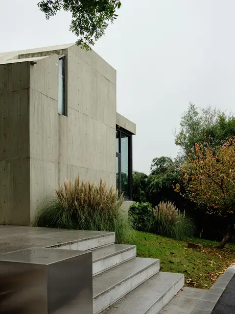 Board-formed concrete house with broad stone steps and wild grasses